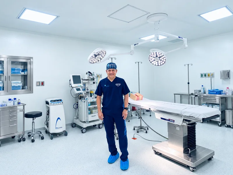 Dr. Enrique Méndez con uniforme quirúrgico en un quirófano