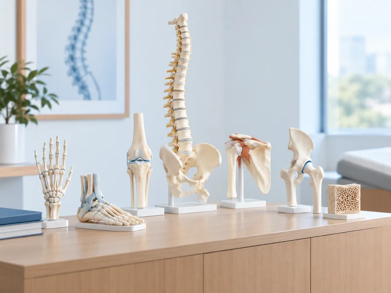 Modelos anatómicos de columna, rodilla, hombro, cadera, mano, pie y tejido óseo